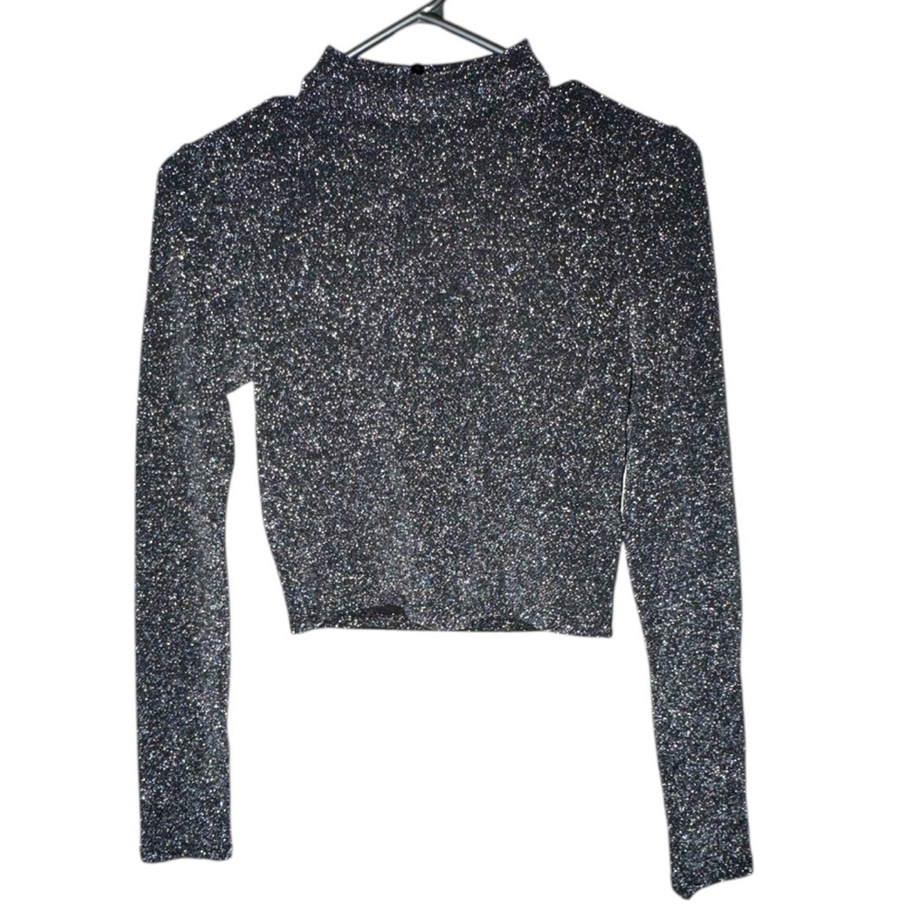 Divided Silver Sparkle Keyhole Cut Out Back Long Sleeve Crop Top Sz S